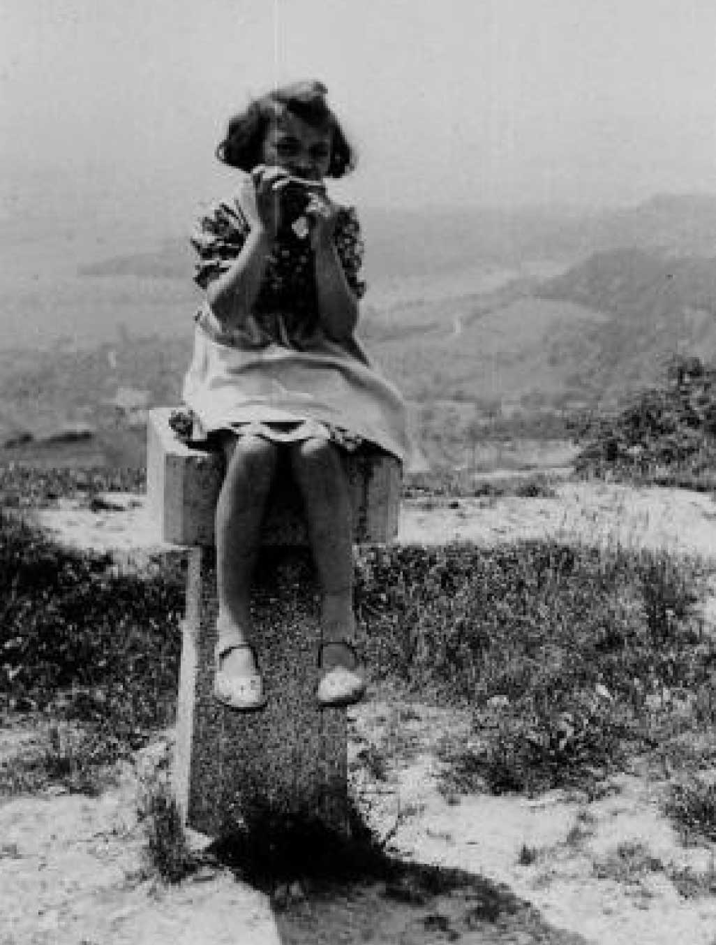 Ein Mädchen sitzt auf einem Stein in der Natur und spielt ein Instrument, umgeben von einer weiten Landschaft.
