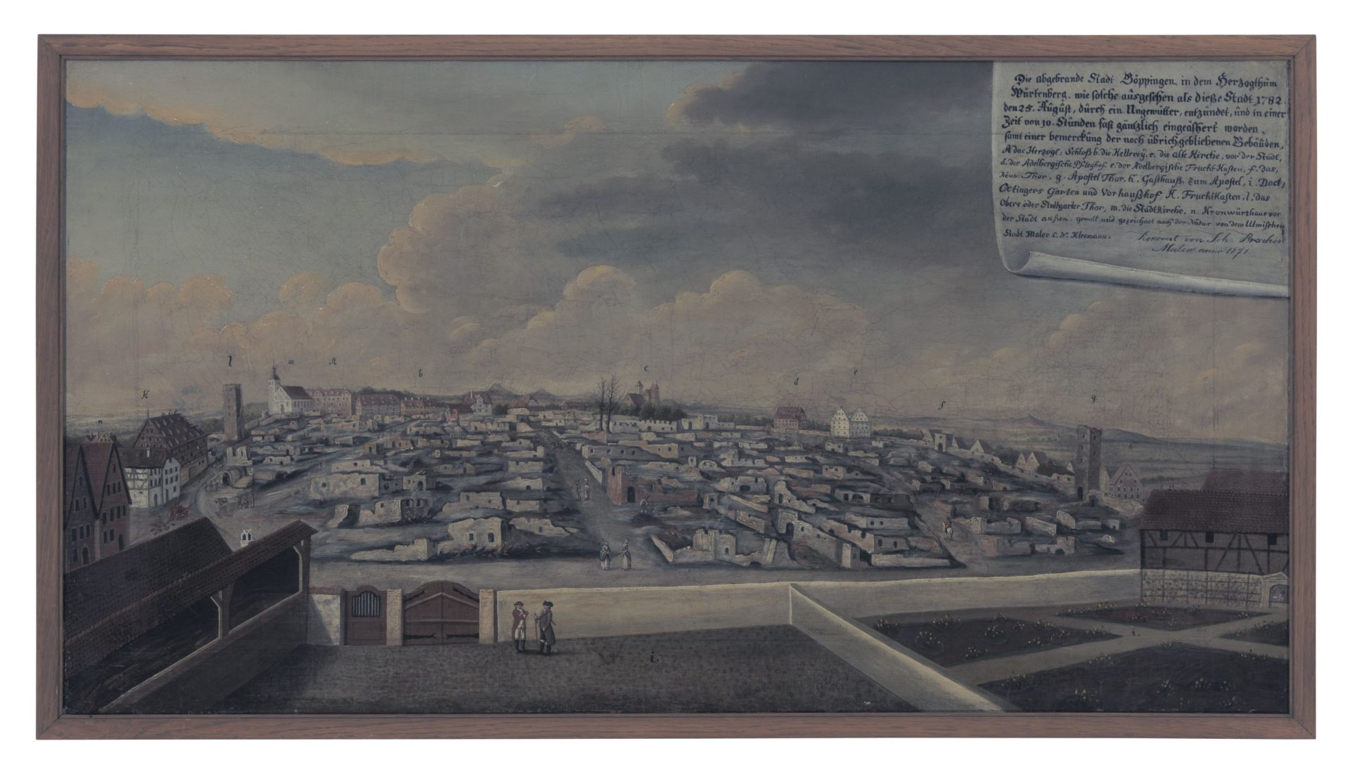 Ölgemälde, das die zerstörte Stadt Göppingen nach dem Brand 1782 zeigt. Von den meisten Gebäuden sind nur Mauerreste übriggeblieben.