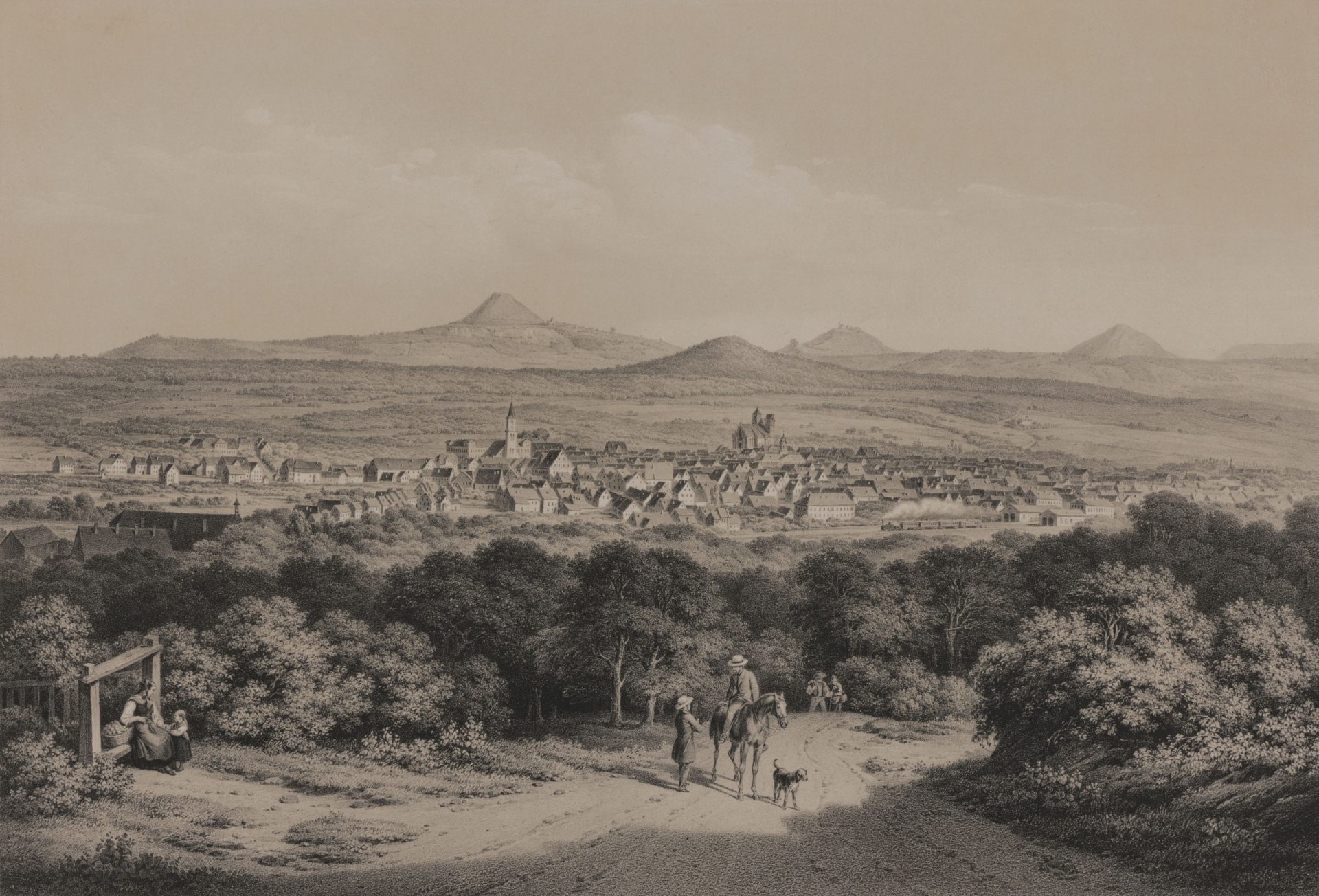 Eine in Sepiatönen gehaltene Darstellung der Stadt Göppingen. Dabei sieht man die Stadt von einer Anhöhe aus, im Hintergrund sieht man unter anderem den Berg Hohenstaufen und den Rechberg.